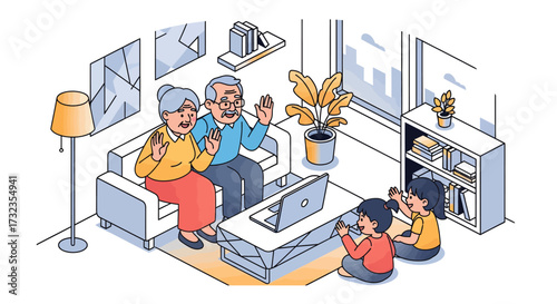 Grandparents wave during a video call on a laptop while their two granddaughters sit on the floor and watch.