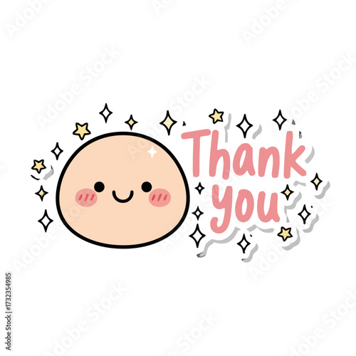Adorable cartoon character with rosy cheeks and happy smile, surrounded by sparkling stars, with the words thank you in pink text, , ideal for conveying thanks with cheerful and cute aesthetic