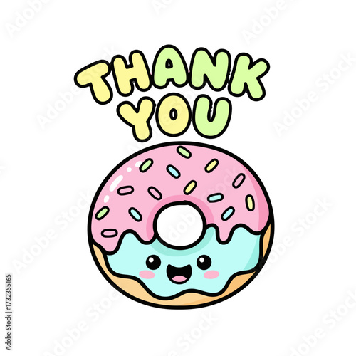 Delightful kawaii donut with smiling face and sprinkles, accompanied by thank you text