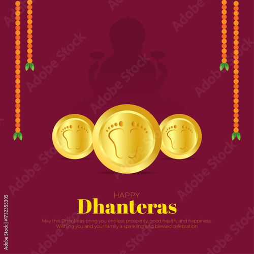 Happy Dhanteras Post and Greeting Card. Indian Festival of Lights Celebration Creative Poster in Gold with Text Vector Illustration