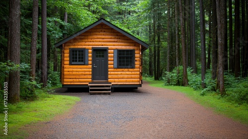 Cozy Wooden Cabin in Serene Forest Setting Surrounded by Tall Trees and Nature