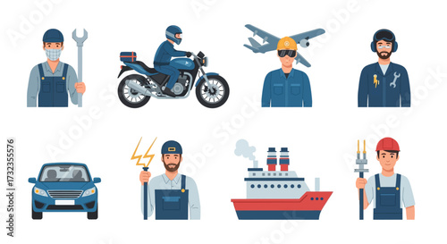 A collection of illustrated figures representing various professions and modes of transportation.