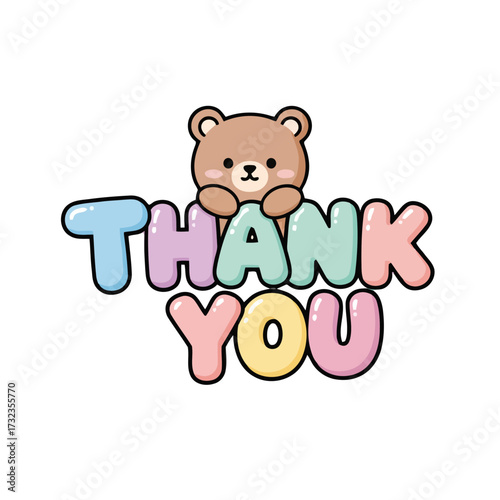 Cute cartoon teddy bear holding pastel colored bubble letters that spell out thank you, , perfect for expressing gratitude and appreciation in sweet and charming way