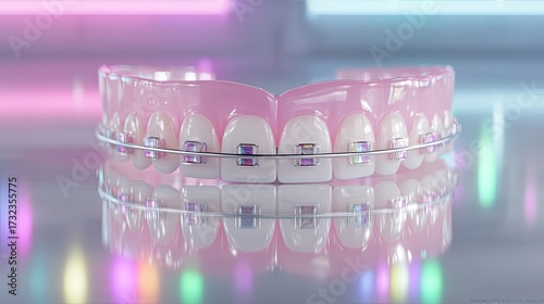 Dental Braces Model with Metal Wires and Pink Gum on Reflective Surface under Soft Lighting with Blur Background in Studio