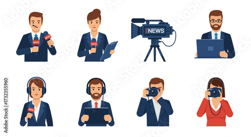 A collection of illustrated media professionals, including reporters, a camera operator, and photographers.