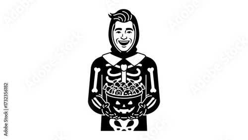 The boy in skeleton costume for Halloween: A boy dressed in a skeleton costume holding a Halloween treat bucket, illustration in the Halloween holiday.