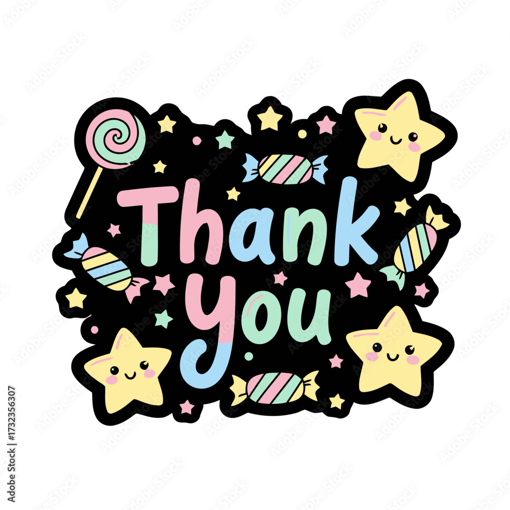 Naklejka premium Thank you text in pastel colors surrounded by cute smiling stars, candies, and sparkles on