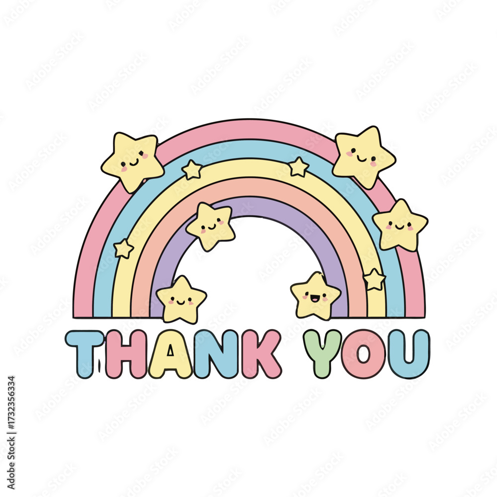 Obraz premium Whimsical rainbow with smiling stars and thank you text, , cheerful design for expressing gratitude, ideal for thank you cards and celebratory messages