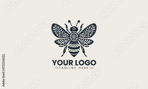 Decorative black silhouette of an elegant honey bee featuring beautiful floral and leafy ornamental vector design