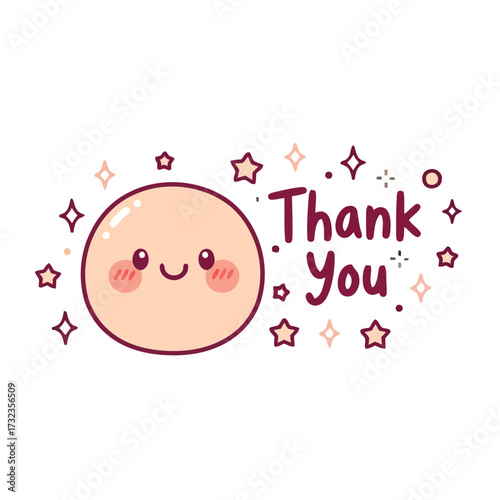 Cute, round, peachcolored character with rosy cheeks and smile, next to the words thank you and sparkling stars
