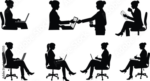 Office workplace vector illustration with business people silhouettes working on laptops, reading documents, writing notes, teamwork collaboration, professional productivity icons