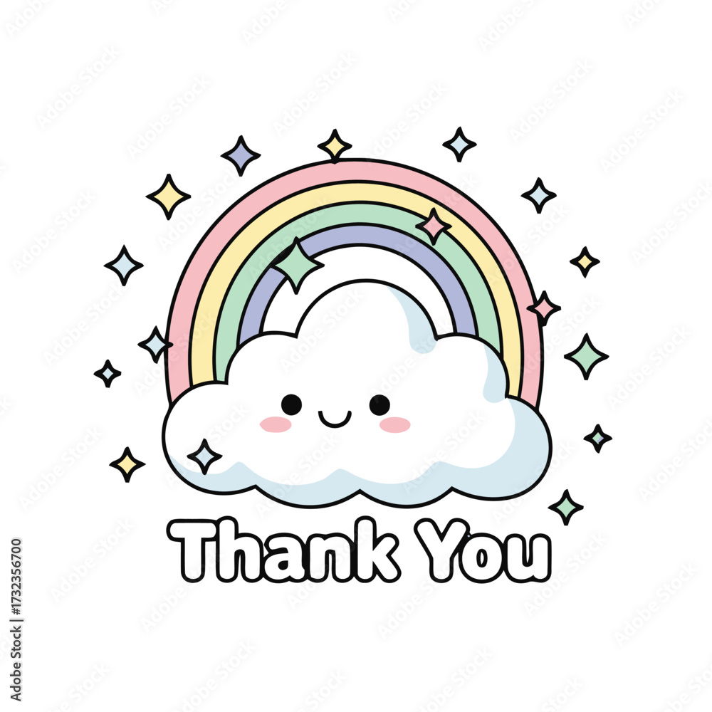 Fototapeta premium Adorable smiling cloud with pastel rainbow and sparkling stars, with the text thank you below