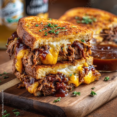 Grilled sandwich with pulled meat, cheese, and sauce, stacked on a wooden board