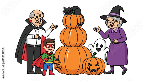 Halloween Family and Pumpkin Festivities: A jovial family dressed in Halloween costumes poses alongside a stacked pumpkin centerpiece, each radiating festive cheer. Depicting a happy Halloween season.