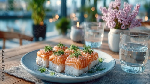 Elegant Salmon Sushi Platter with Pink Flowers at Lakeside Restaurant Table and Bokeh Background Warm Lighting