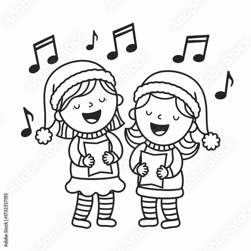 Charming black and white vector illustration of two girls singing christmas carols with musical notes silhouette white background
