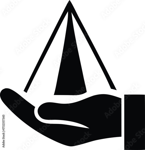 Conceptual icon of a hand holding a pyramid symbolizing growth opportunity protection and investment strategies