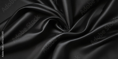 Close-up of a rich, deep black satin fabric. A close-up shot showcasing the luxurious drape and texture of a deep black satin fabric.	
