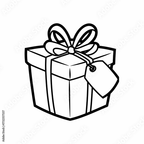 Scalable black and white vector illustration of a wrapped gift box with ribbon and tag silhouette white background