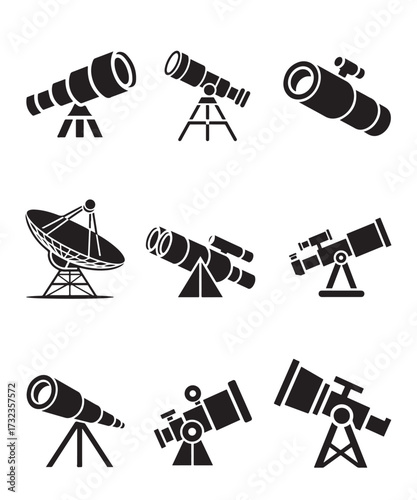 Astronomy Telescope Icon Set Black Silhouette Vector Collection.