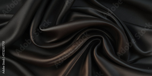 Close-up of a rich, deep black satin fabric. A close-up shot showcasing the luxurious drape and texture of a deep black satin fabric.	