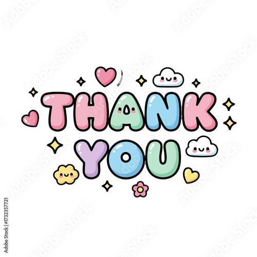 Playful and colorful text thank you with cute clouds, hearts, stars, and flowers