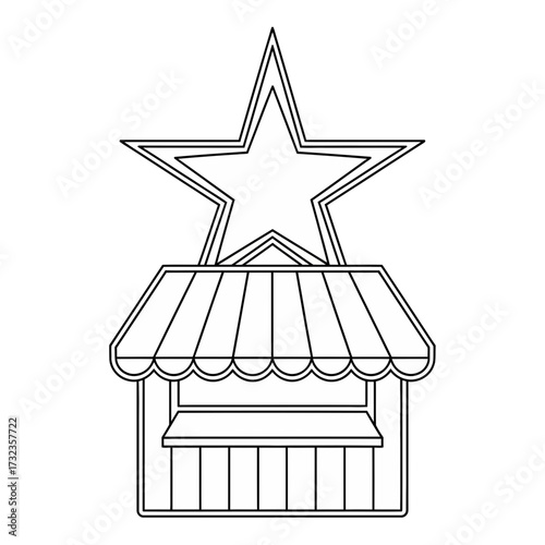 Scalable black and white vector illustration of a stall or kiosk with a star topper silhouette white background