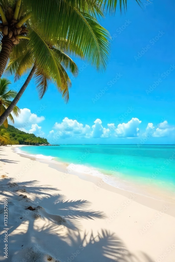 Obraz premium Stunning panoramic view of a pristine sandy beach meeting turquoise ocean waves under a vibrant blue sky Perfect for travel, vacation, or summer themed projects , summer, sunlight