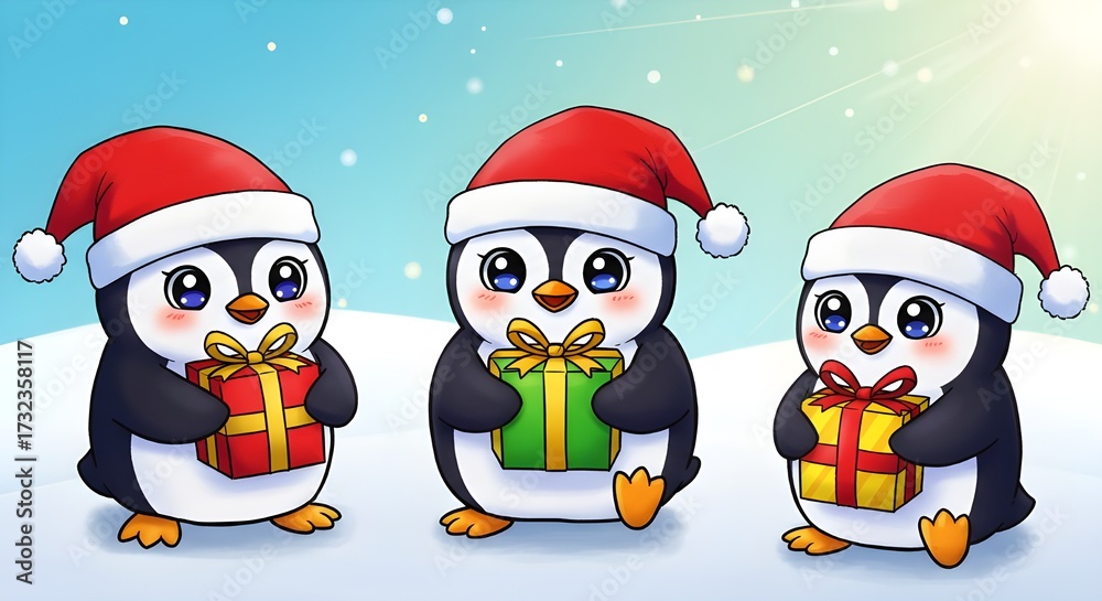 Fototapeta premium Cute penguins wearing Santa hats celebrating Christmas with snowfall background