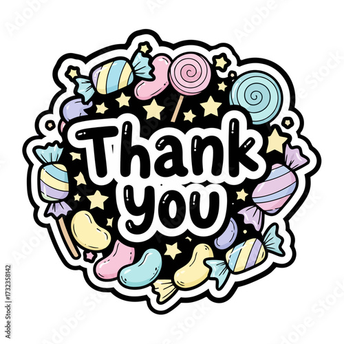 Whimsical thank you text surrounded by colorful candies, lollipops, and stars, , ideal for expressing thanks in fun and sweet way for any occasion or recipient