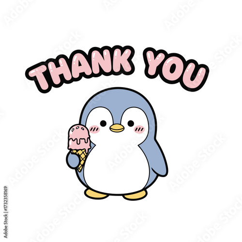 Cute cartoon penguin holding an ice cream cone with the words thank you above