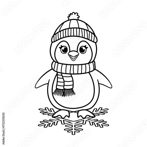 Cute penguin in winter hat and scarf vector illustration for scalable graphics silhouette white background