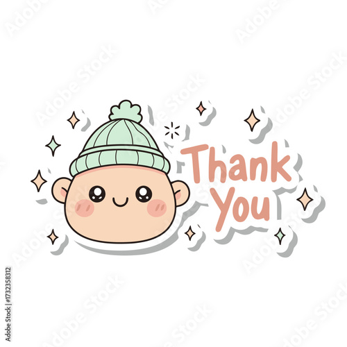 Cute cartoon baby face wearing green beanie, with rosy cheeks and happy smile, surrounded by sparkling stars and the text thank you