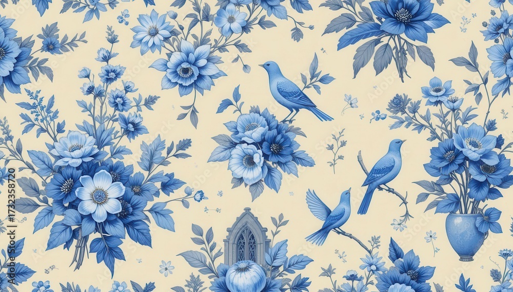 Fototapeta premium French Botanical Illustration A Continuous Design Showcasing Elaborate Blossoms, Beautiful Avians, and Tranquil Outdoor Elements in a Soft Light Yellow Shade.