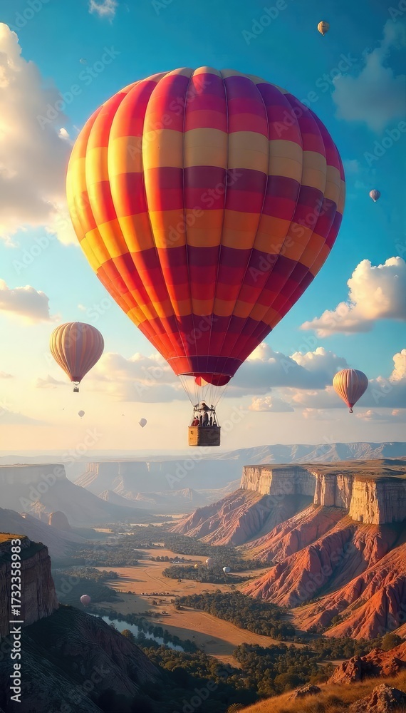 Obraz premium A vibrant hot air balloon soaring above a surreal landscape, embodying limitless possibilities and the boundless nature of imagination , liberation, vibrant