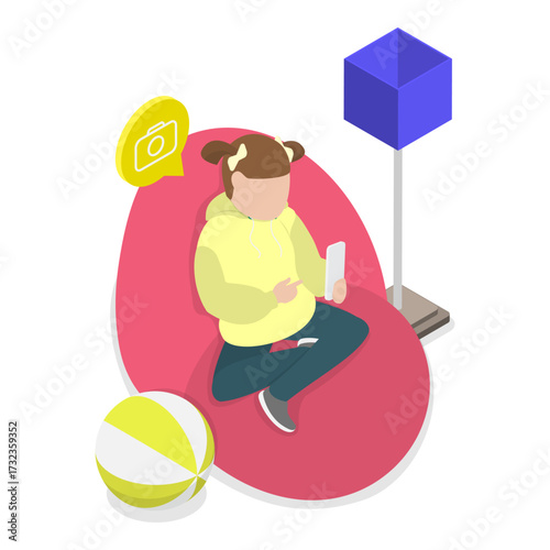 3D Isometric Flat Vector Illustration of Children Gadget Addiction, Kids Online Entertainment. Item 2