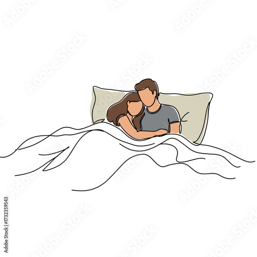 Couple cuddling together under a blanket in bed  
