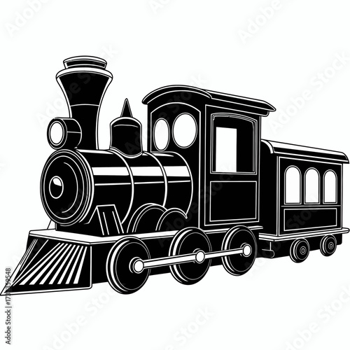 Black and white vintage steam locomotive and train car vector illustration scalable graphic silhouette white background