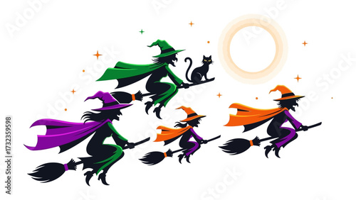 Magical Broomstick Flight: A whimsical illustration of four enchanting witches soaring across the night sky on their broomsticks. A cheerful Halloween scene.