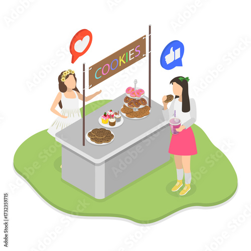 3D Isometric Flat Vector Illustration of Kids Selling Lemonade, Youngsters Operating Lemonade And Cookie Stands. Item 2