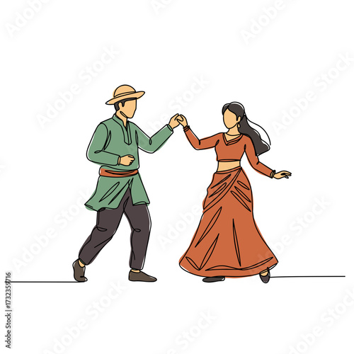 Young couple dancing in traditional costumes at a festival