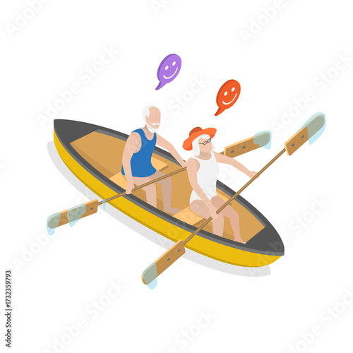 3D Isometric Flat Vector Illustration of Elderly Couple Having Fun, Delight In Outdoor Adventures. Item 1