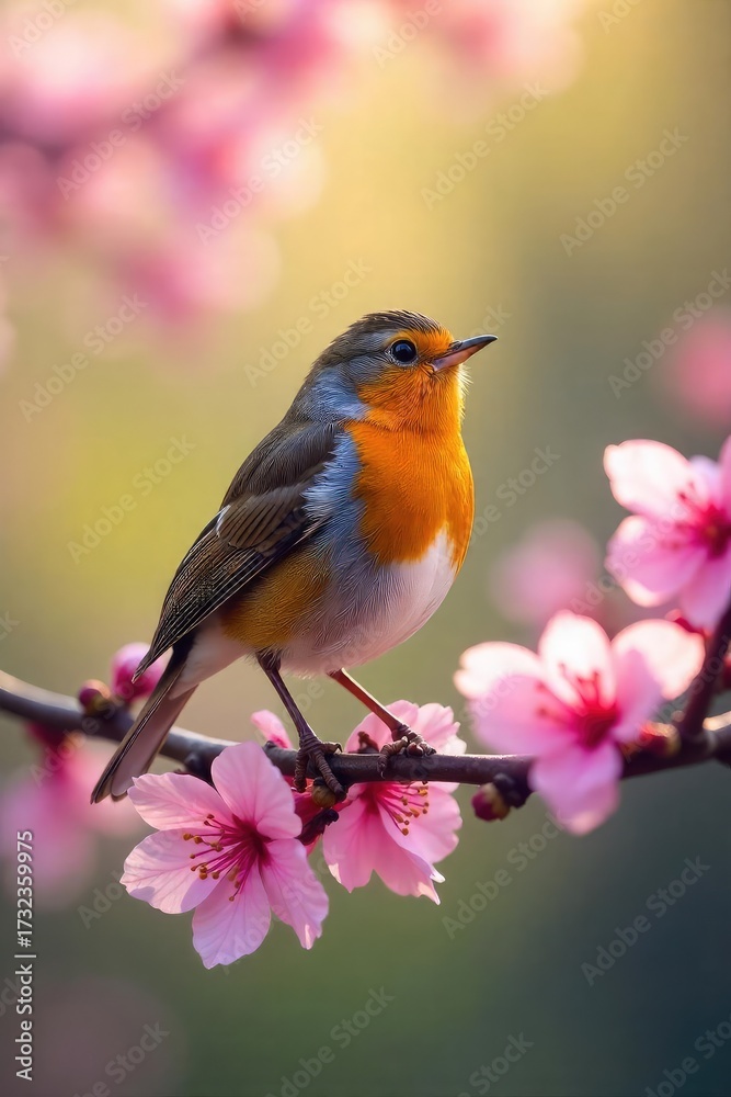 Fototapeta premium A vibrant robin perched on a blossoming branch, singing its springtime song Sunlight filters through the delicate petals, creating a beautiful scene of renewal and life , flora, tweet, springtime