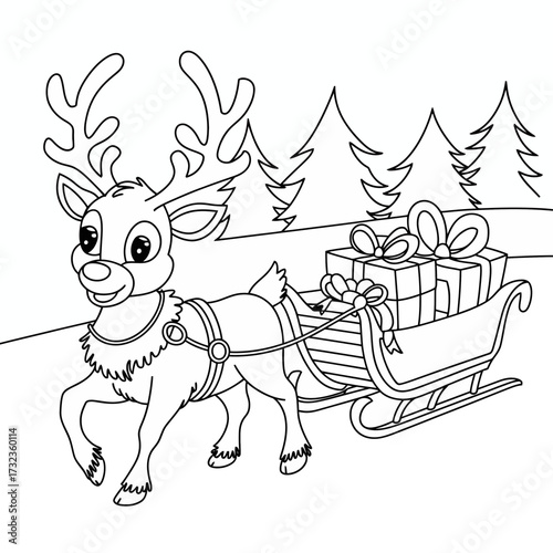 Black and white vector illustration of a reindeer pulling a sleigh full of presents silhouette white background