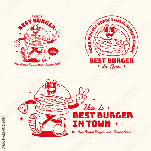 Retro rubber hose style mascot of a happy burger character making a peace gesture. Vintage cartoon illustration with typography for fast food restaurant branding.