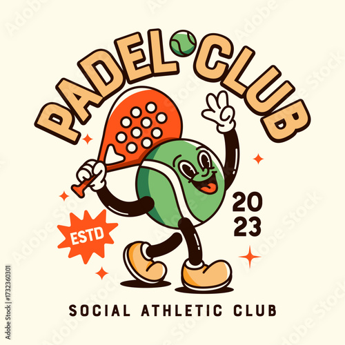 Retro style cartoon mascot character for a padel sports club, featuring a cute and cheerful tennis ball holding a padel racket. This vintage sports illustration is perfect for athletic brand identity.