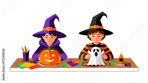 Halloween Craft Time: Two young individuals, each donned in a wizard hat, immerse themselves in the spirited tradition of Halloween crafting, adorning the ambiance with handmade decorations. 