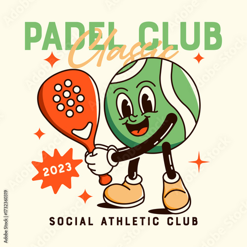 Vintage mascot of a smiling padel ball holding a racket. Classic cartoon illustration for a sports club logo, athletic community, and branding.