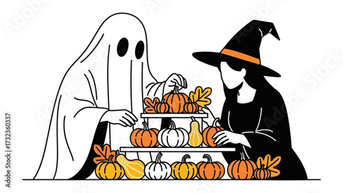 Halloween Scene: A whimsical illustration featuring a ghost and a witch arranging pumpkins, evoking the playful spirit of Halloween.