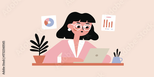 A diligent office worker, surrounded by charts, sits at a desk absorbed in her work, with a focused expression, creating an engaging and professional atmosphere.